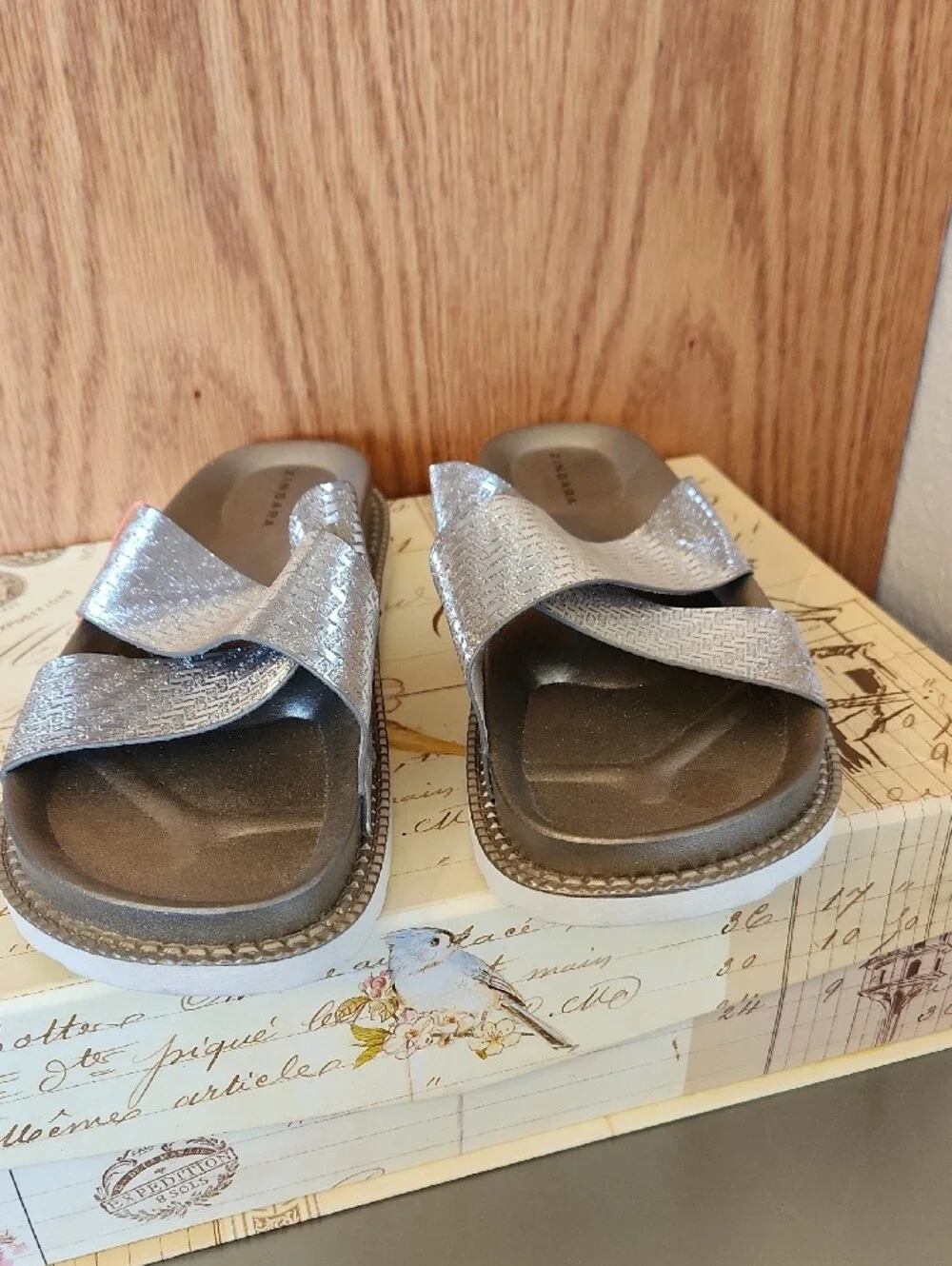Women's Metallic Silver Cross-Strap Slide Sandals